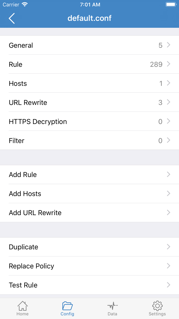 Shadowrocket Config 設定編輯頁面，顯示 General、Rule、Hosts、URL Rewrite、HTTPS Decryption 區段及 Add Rule