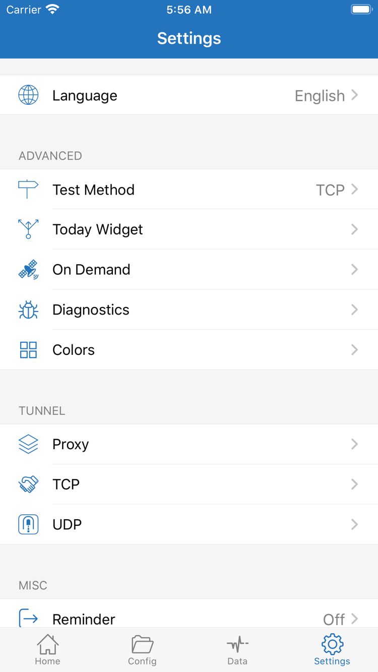 Shadowrocket Settings 頁面，顯示 Language、Test Method、Today Widget、On Demand、Diagnostics、Proxy、TCP 和 UDP