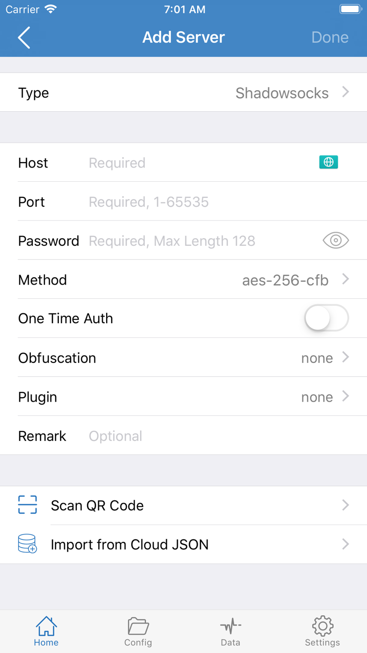 Shadowrocket Add Server 頁面，顯示 Type、Host、Port、Password、Method 欄位及底部匯入入口