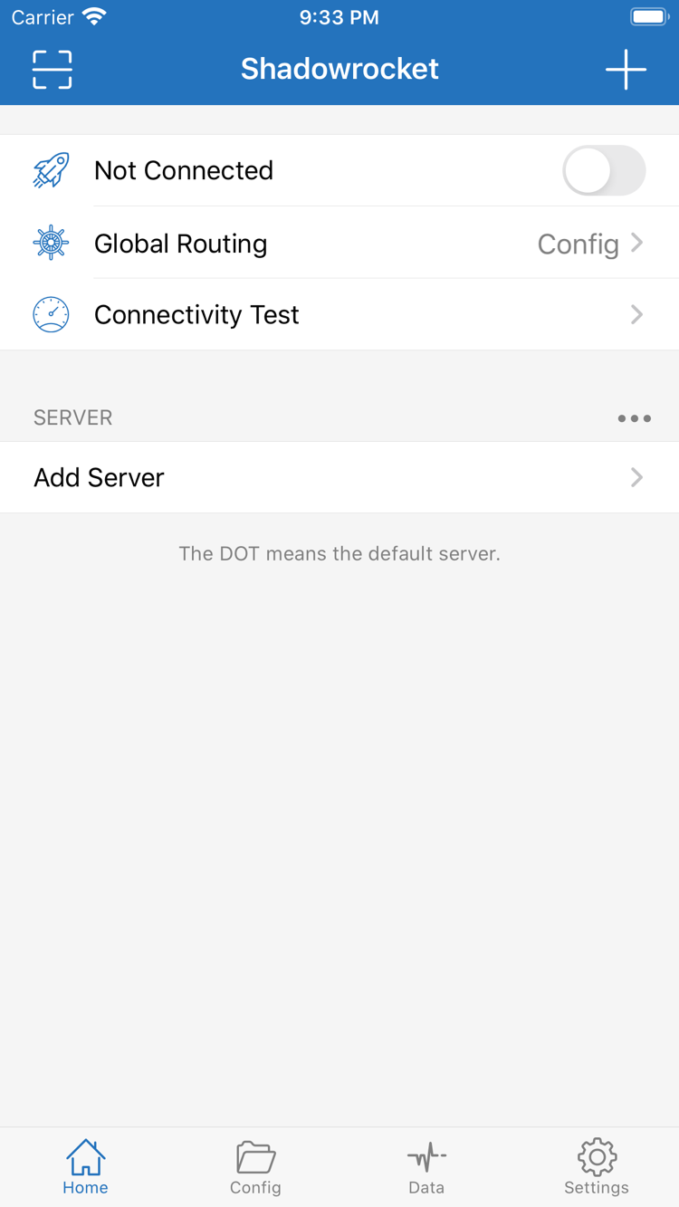 Shadowrocket 官方 Home 頁截圖，顯示連線開關、Global Routing 與伺服器清單